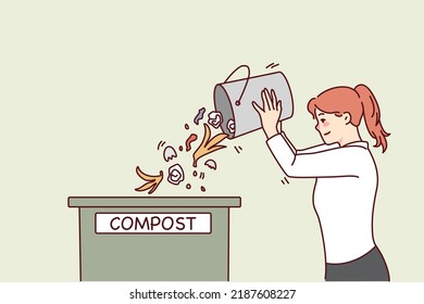 Woman throwing waste in compost container. Caring young female recycle organic trash sort garbage. Ecology conservation. Vector illustration. 