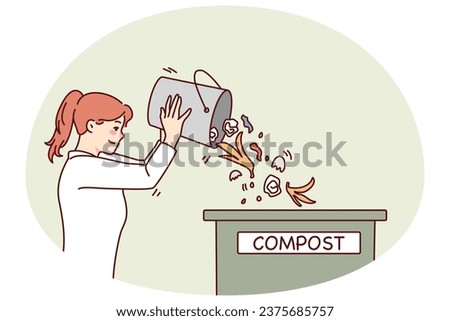 Woman throwing waste in compost container. Caring young female recycle organic trash sort garbage. Ecology conservation. Vector illustration.