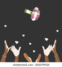 woman is throwing wedding bouquet flowers into the hands of the wedding guests in wedding.Vector flat cartoon illustration.bride throwing wedding bouquet to bridesmaid