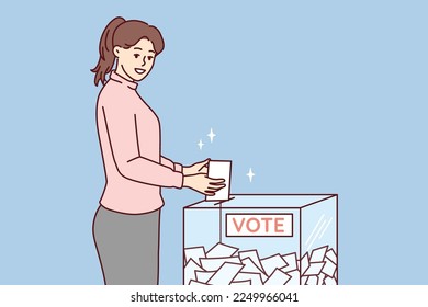 Mujer lanza boleta de vidrio para votar por candidato presidencial o parlamentario. chica muestra una posición civil participando en las elecciones de curso político de estado. Diseño vectorial plano 