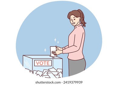 Woman throws ballot into glass box casting vote for presidential or congressional candidate. girl shows civil position by taking part in elections of political course of state. Flat vector design