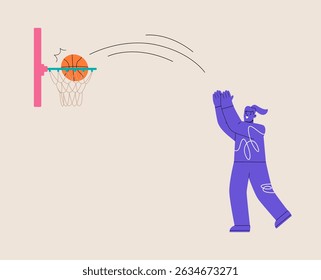 Woman throws a basketball ball into a basketball basket. Colorful vector illustration 
