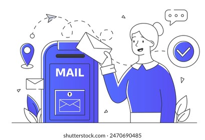 A woman throws an envelope into the mailbox. Postal service. International communication and interaction. Business and friendly correspondence. Line art flat vector illustration