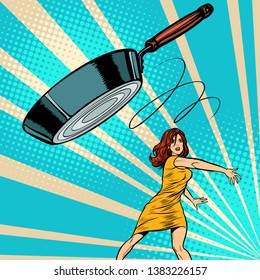 woman throws a frying pan. Pop art retro vector illustration vintage kitsch 50s 60s