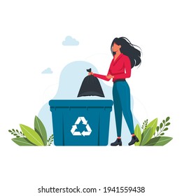 a woman throws a garbage bag into a trash can, garbage recycling sign Volunteering people, ecology, environment concept. Girl throws rubbish in garbage bin.vector illustration. clean planet concept