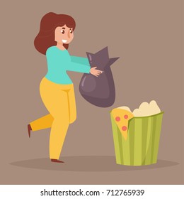 Woman throws garbage in the trash. Vector. Cartoon. Isolated art on white background. Flat.