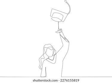 A woman throws a graduation cap with her right hand. Graduation one-line drawing