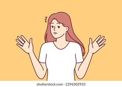 Woman throws up hands, denying involvement in problem or demonstrating ignorance of answers to question asked. Girl raises hands, denying presence of trouble and being in confusion or uncertainty