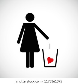 woman throws heart in the trash pictogram icon vector illsutration EPS10