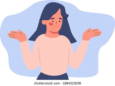 Woman throws up his hands. I do not know emoticon. I have not emotions. Flat vector