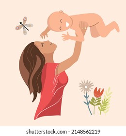Woman throws a laughing baby up over her head, around flowers, butterfly, vector illustration, happy mother's day.