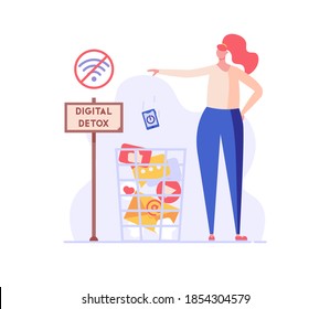 Woman throws mobile phone into the trash. Concept of digital detox, disconnecting, mediastika, device free zone, internet addiction, no mobile phobia, phubbing. Vector illustration in flat design.