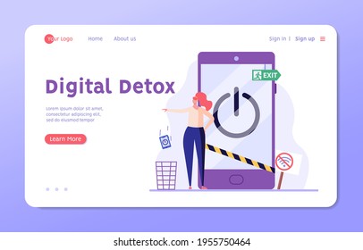Woman throws mobile phone into the trash. Concept of digital detox, disconnecting, abandoning internet, device free zone, internet addiction, no mobile, phubbing. Vector illustration in flat design