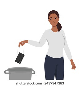 Woman throws mobile phone into the trash. Flat vector illustration isolated on white background