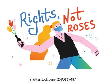 A woman throws a Molotov cocktail, but instead of fire, flowers. "Rights, Not Flowers" message. A striking vector illustration on a white background, ideal for feminist activism.