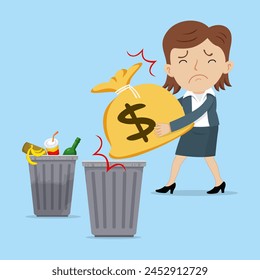 Woman Throws Money into a Recycle Bin. Throwing Money Trash Concept. Flat, Vector, Illustration, Cartoon, EPS10.