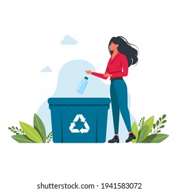 Woman throws plastic bottle into trash can, garbage recycling sign The concept of caring for environment and sorting garbage. Recycle, ecological lifestyle vector illustration.