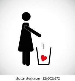 woman throws red heart in the trash pictogram icon vector illsutration EPS10