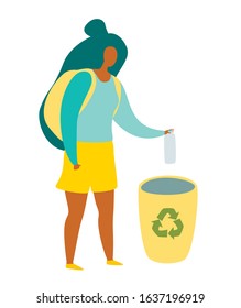 Woman throws trash in the trash can vector illustration. Plastic recycling basket. Recycle, ecological lifestyle. Flat cartoon card isolated on white background 