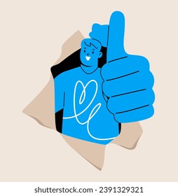 Woman thumb up coming out from torn paper. Colorful vector illustration 