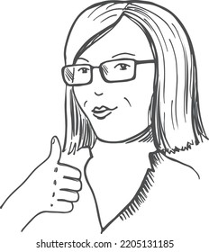 Woman thumbs up gesture sketch. Happy person portrait