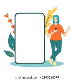 Woman thumbs up gesture with smartphone frame clipart. Young female showing like and standing near big smartphone. People using telephone daily concept. Rating system. Vector flat illustration.