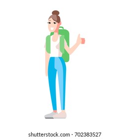 Woman thumbs up hitch-hiking on white background