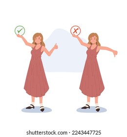 mujer con los pulgares arriba y abajo. Ilustración de carácter de dibujos animados de vector plano