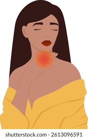 Woman with thyroid disease illustration. Throat cancer concept. Endocrinology disease, cancer and thyroiditis