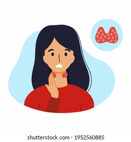 A woman with thyroid disease. Pain in the neck. Vector illustration with a medical disease symptom.