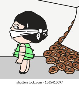 Woman Is Tied Up By Someone To Control Herself Craving A Big Piles Of Donuts Inside The Walls Behind Her Concept Card Character illustration