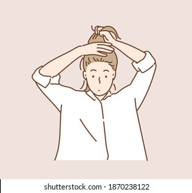 Woman Tied Her Hair In A Ponytail. Hand Drawn Style Vector Design Illustrations.