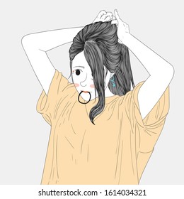 Woman tied her hairstyle in front of a mirror.Doodle art concept,illustration painting