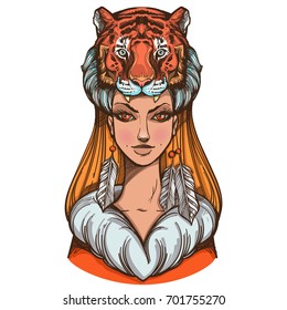 A woman with a tiger mask. Beautiful girl in a hat in the form of a tiger's head. Illustration for tattoos and dazain clothes, posters, fashion shows.