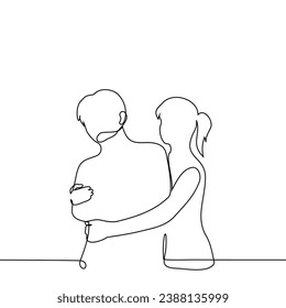 woman tightly hugs man who doesn't really want it - one line art vector. concept forcibly hugging, tactile and non-tactile friends, siblings relationship, cute aggression