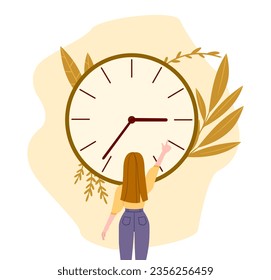 Woman with time management concept. Young girl near large clocks. Scheduling and planning. Organization of effective workflow. Hardworking and responsible worker. Cartoon flat vector illustration