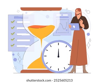 Woman with time management. Young girl stands near hourglass and clocks. Planning and scheduling, organizing effective work process. Flat vector illustration isolated on white background