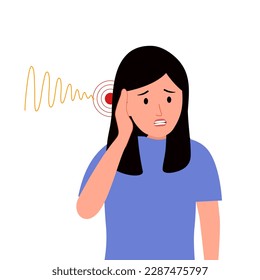 Woman with tinnitus disease in flat design on white background. Ear pain.