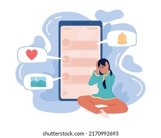 Woman tired of annoying app notifications 2D vector isolated illustration. Sad flat character on cartoon background. Communication colourful editable scene for mobile, website, presentation