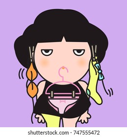 Woman Tired Dried Clothes With Panty Hanger In Her Mouth And Clothes Hanging On Her Ears Concept Card Character illustration