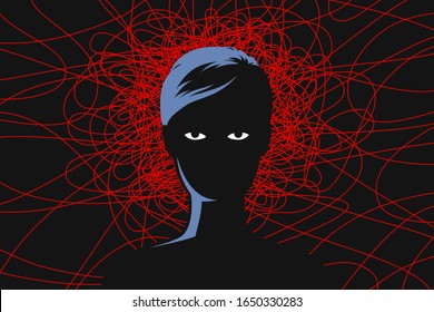 Woman with tired exhausted eyes, and red lines around head as symbol of obsessive depressive thoughts, anxiety disorder, chronic fatigue and nervous tension. Concept of mental health