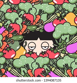 Woman Tired Exhausted Face Reaching Out From A Big Pile Of Fresh Vegetables. Girl Buried Under Healthy Veggies. Depressed Woman Needs Help From Too Many Green Food Concept Card Character illustration