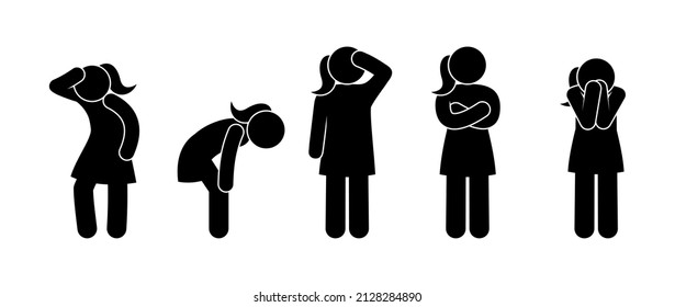 woman tired, female silhouette icon, sad and tired people illustration, stick figure man pictogram, depression and emotional exhaustion