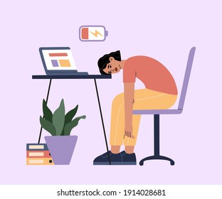 Woman tired of hard working, sleepy at work, girl at office sits by the table with laptop and procrastinating, unhappy person overworked, needs battery recharge. Modern trendy illustration, flat style