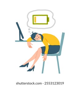 Woman tired of hard working, sleepy at work, girl at office sits by the table with laptop and procrastinating, unhappy person overworked, needs battery recharge. Modern trendy illustration, flat style