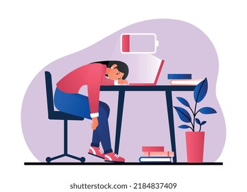 Woman tired of hard working. Young girl falls asleep at workplace. Emotional burnout and overworked worker. Manager or clerk, person with low battery at computer. Cartoon flat vector illustration