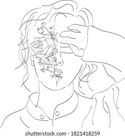 Woman is tired of her life, Isolated on the white background, vector illustration monochrome, Drawing by lines, Minimalist Style.