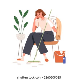 Mujer cansada de las tareas domésticas. Niña agotada con mop durante las tareas domésticas. Triste e infeliz fatiga, ama de casa sintiéndose mal después del trabajo doméstico. Ilustración vectorial plana aislada en fondo blanco