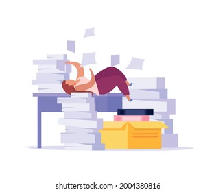 Woman tired from paper work in office flat icon vector illustration