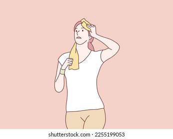 Woman tired resting after training workout wipe with towel simple korean style illustration